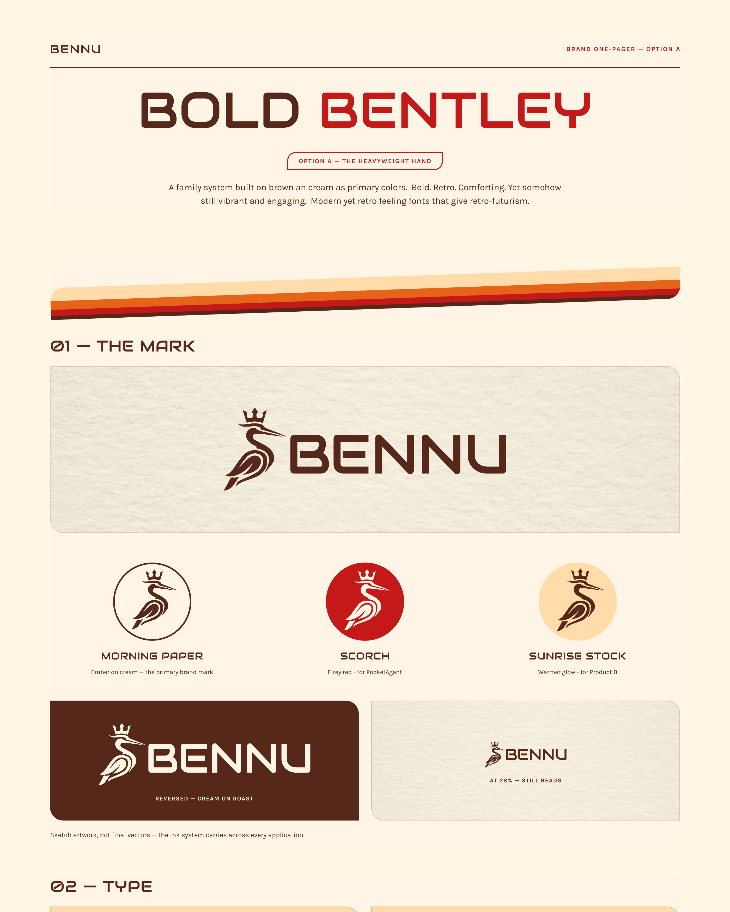 Option A, Bold Bentley: the crowned heron and BENNU wordmark in Roast on Cream with the stripe ribbon, set in Audiowide
