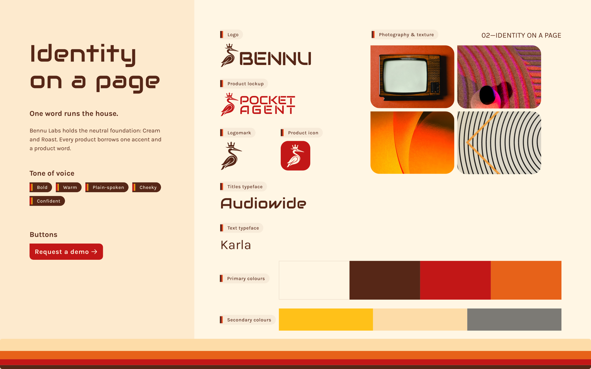 The Bennu Labs identity on one page: the crowned heron logo, Bennu and PocketAgent lockups, Audiowide and Karla type, a retro TV photo and the brown, red, orange and gold colour bars