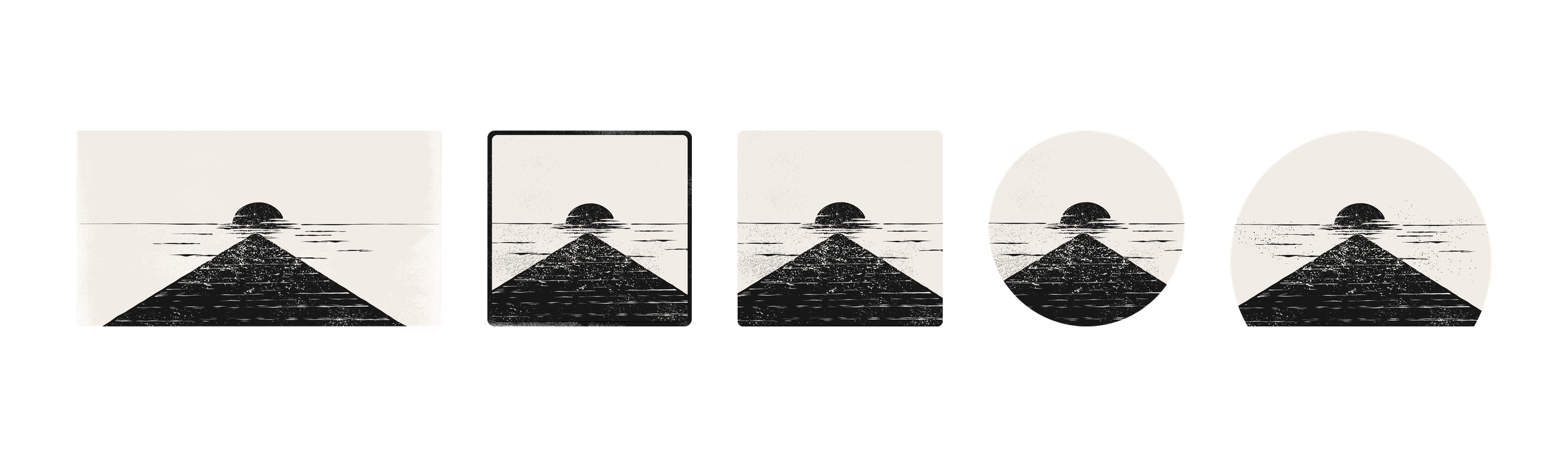 The dock-and-sunset mark tested in five frames: rectangle, bordered square, square, circle and the final semicircle