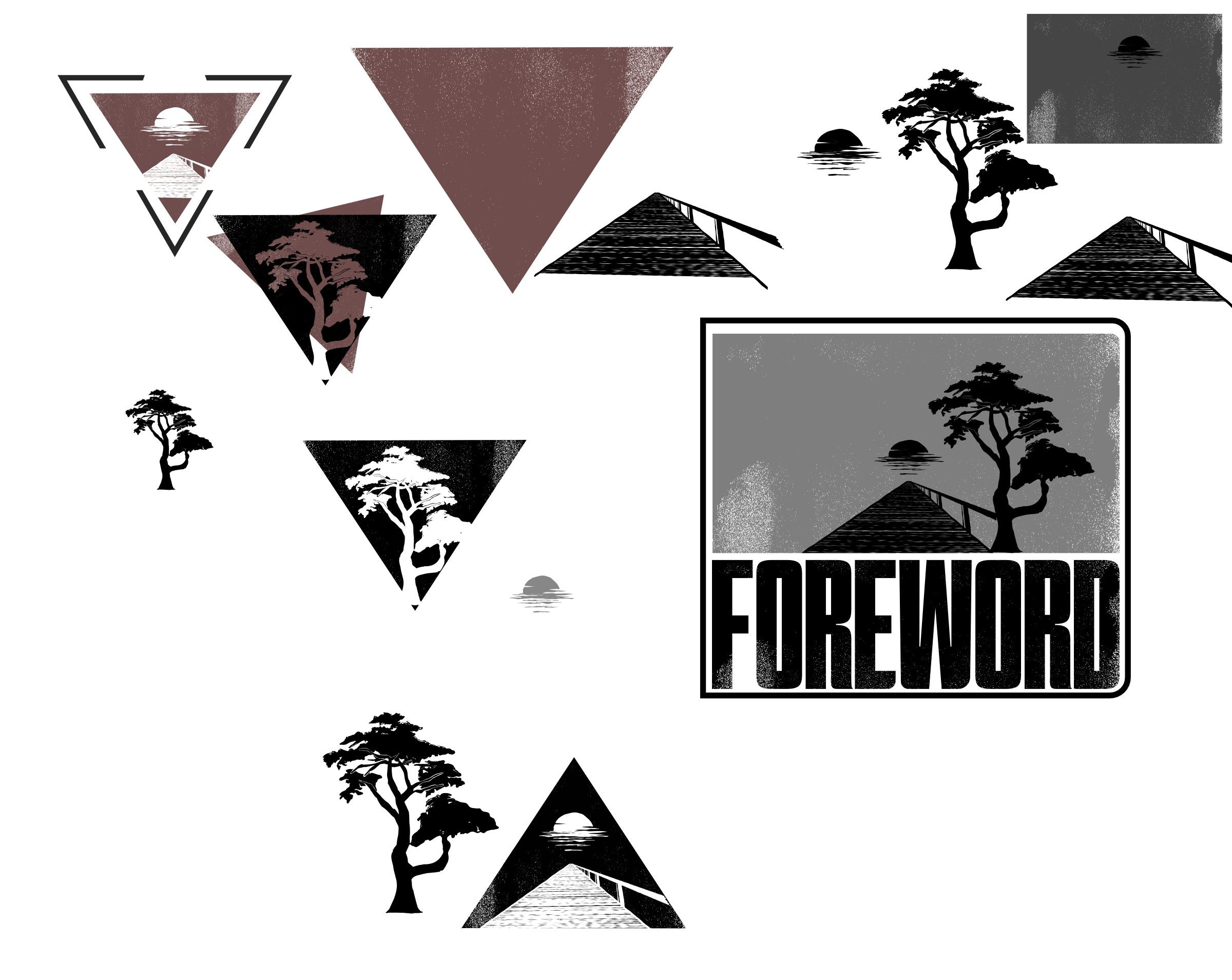 Round three explorations combining the cypress, triangles and dock into badge and stamp ideas