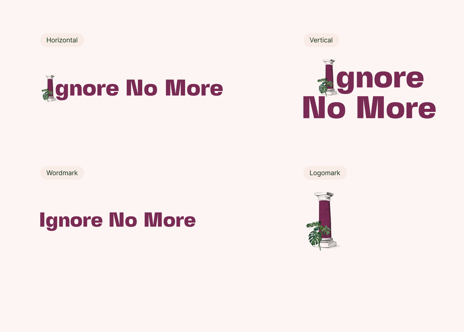 The four Ignore No More lockups in mulberry: horizontal, wordmark, vertical and the pillar logomark