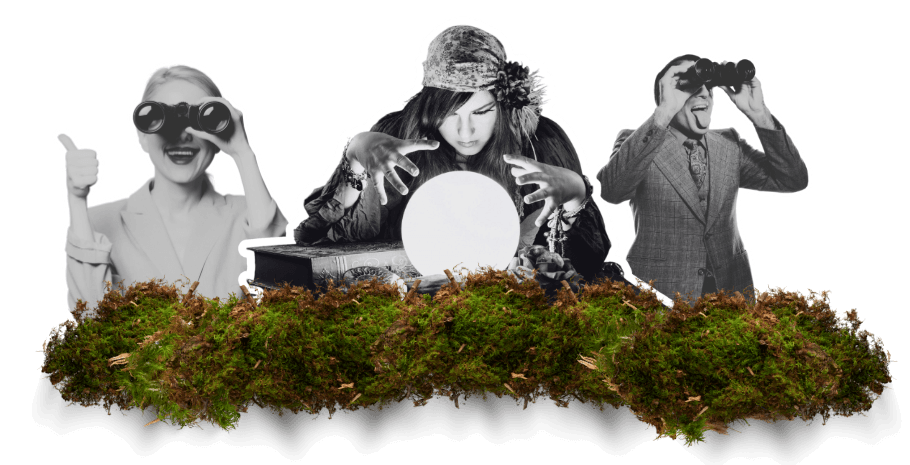 Collage of people looking through binoculars and crystal balls — making the invisible, seen